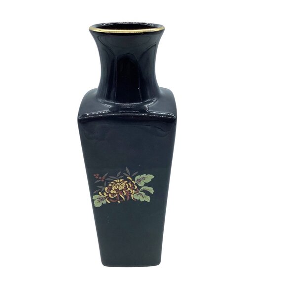 Vintage Imperial Dynasty by MANN Black Porcelain Vase Gold Trim Floral Design 7" - Picture 3 of 7